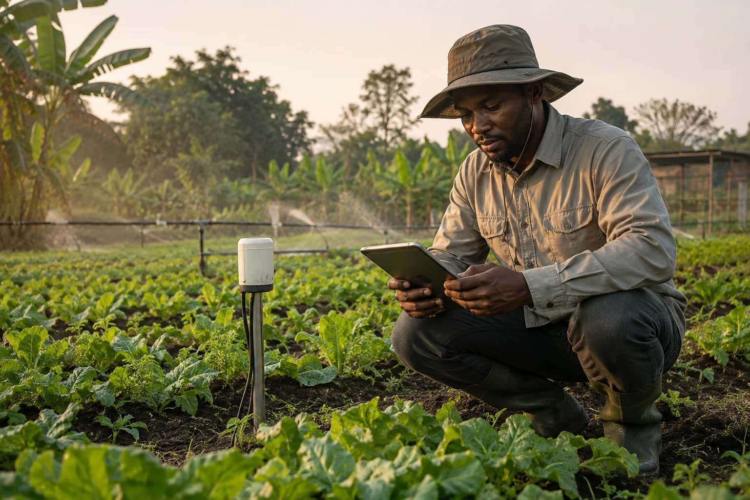 An agronomist checking a soil moisture sensor in an irrigated field