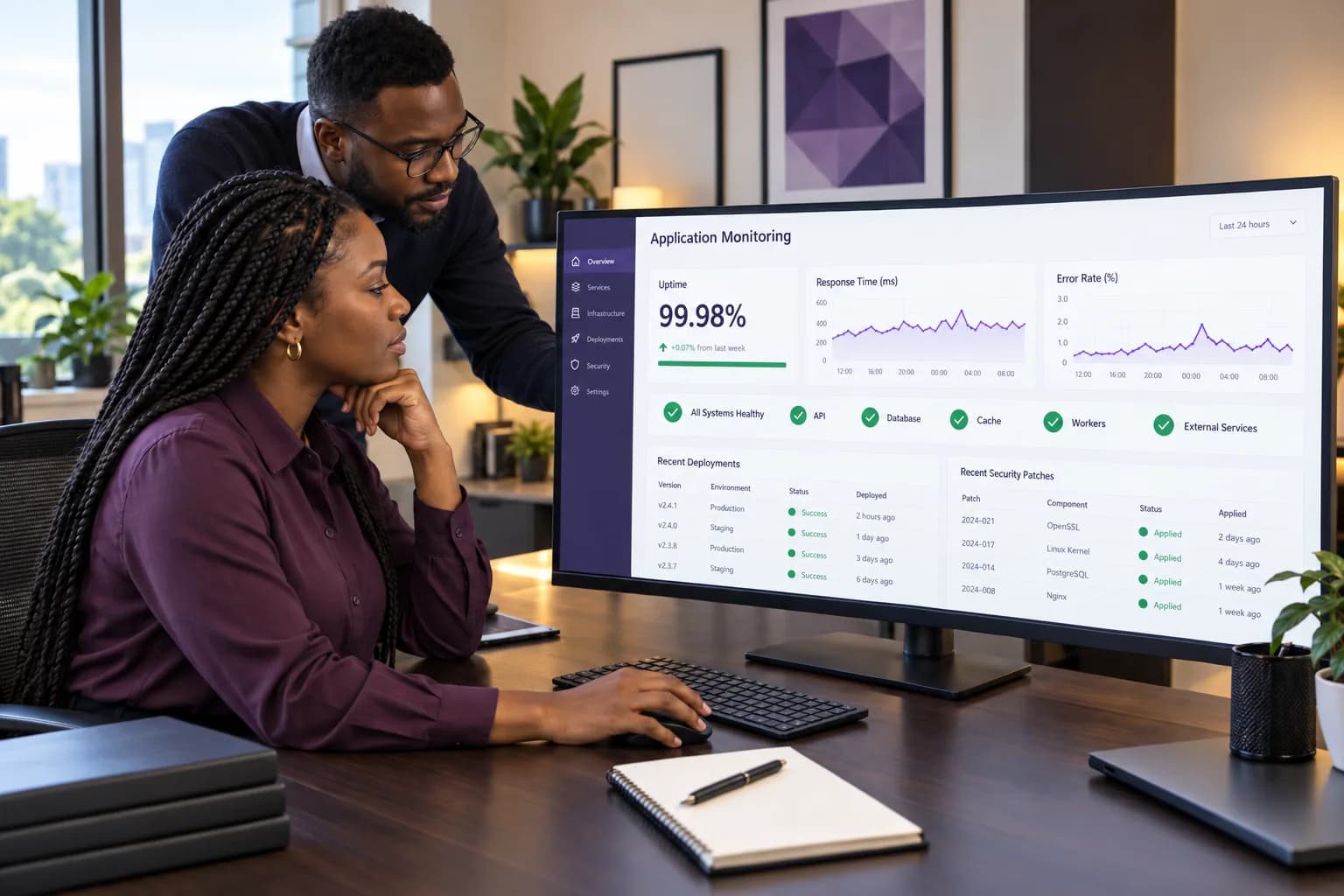 Two engineers reviewing an application monitoring dashboard showing uptime, error rate and recently applied security patches