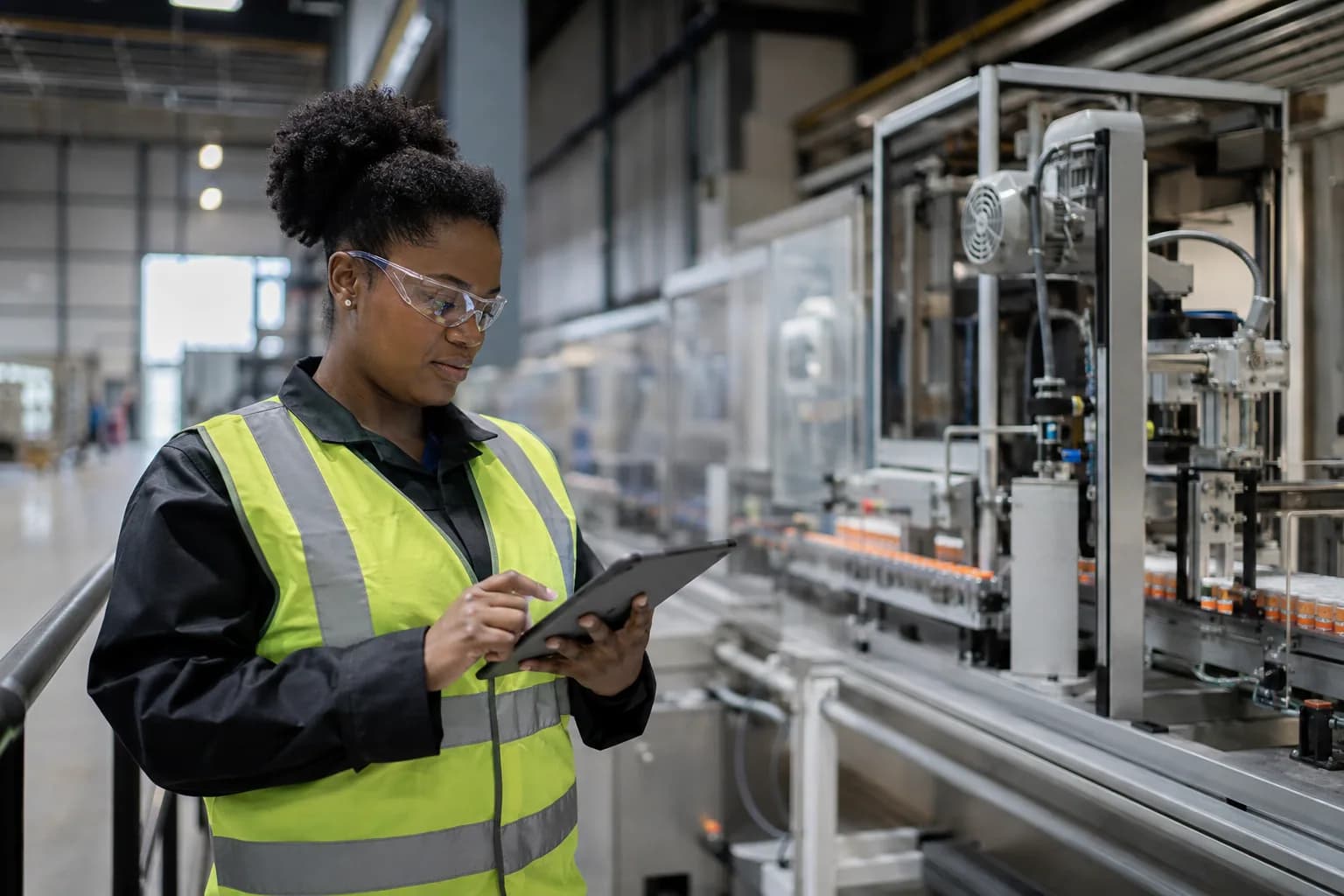 An engineer reviewing production information beside a manufacturing line