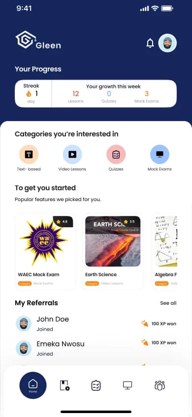 The GLEEN mobile app home screen showing study progress, subject categories, and a WAEC mock exam