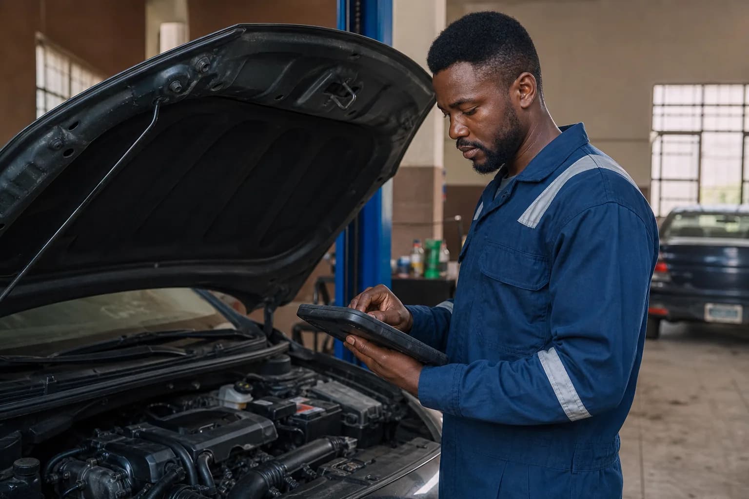 An automotive technician reviewing a vehicle diagnostic tablet