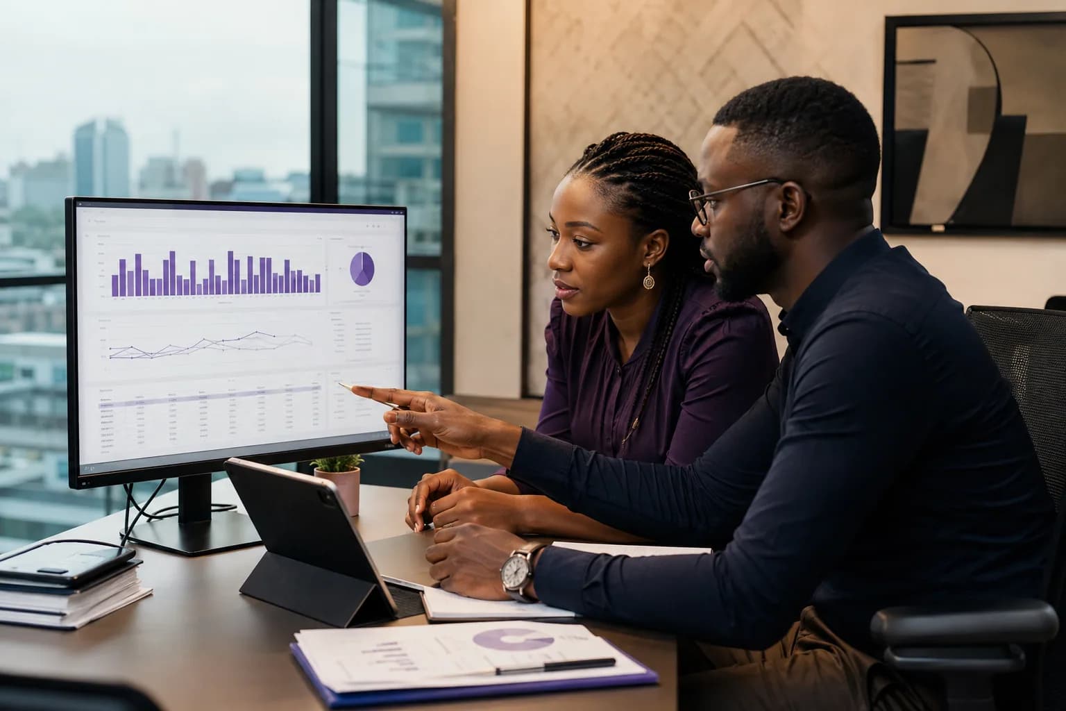 Operations analysts reviewing business trends and tabular data on a dashboard