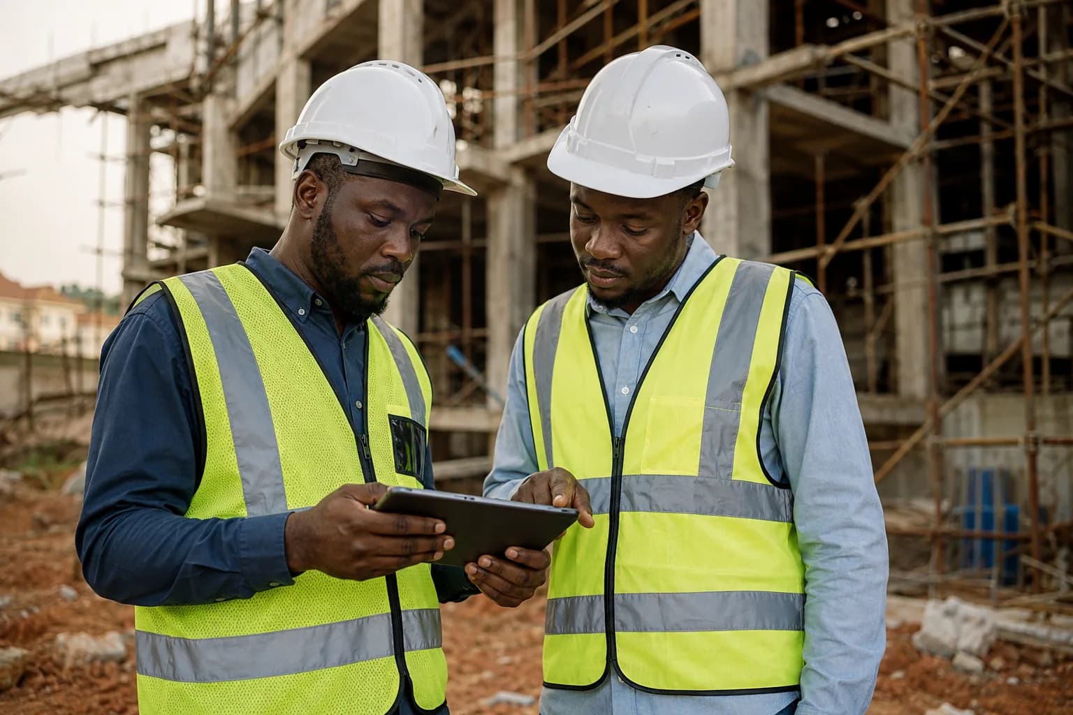 Construction professionals reviewing a tablet safely on site