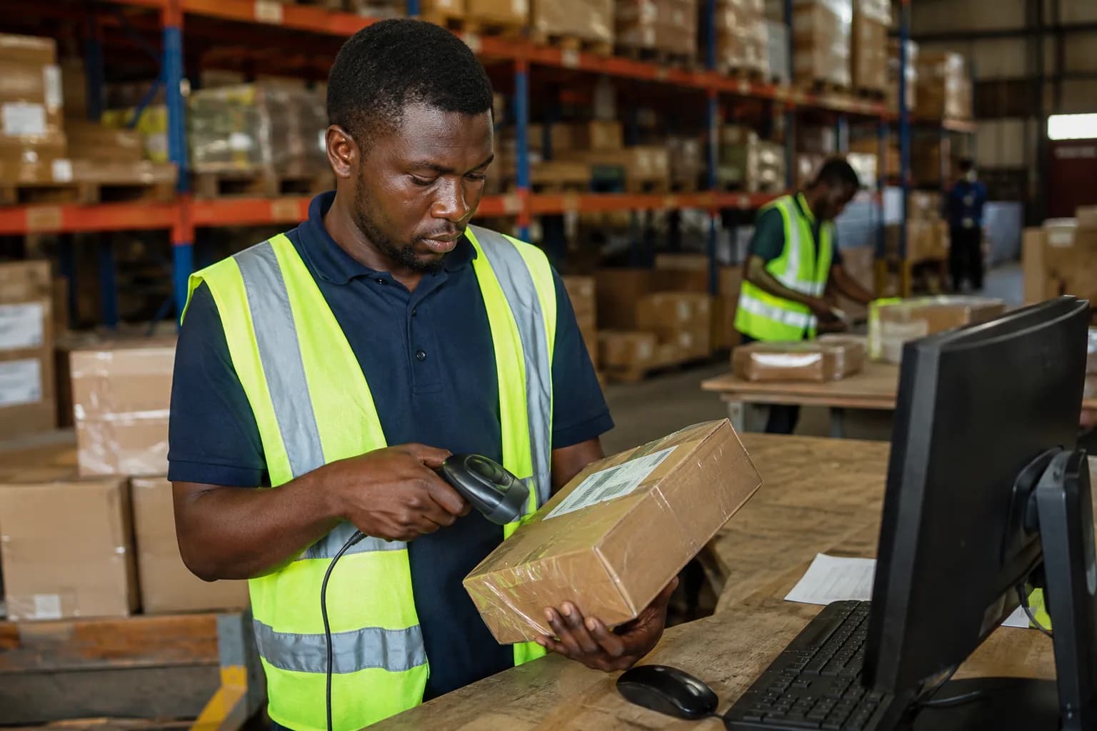 A warehouse dispatcher scanning a parcel before delivery