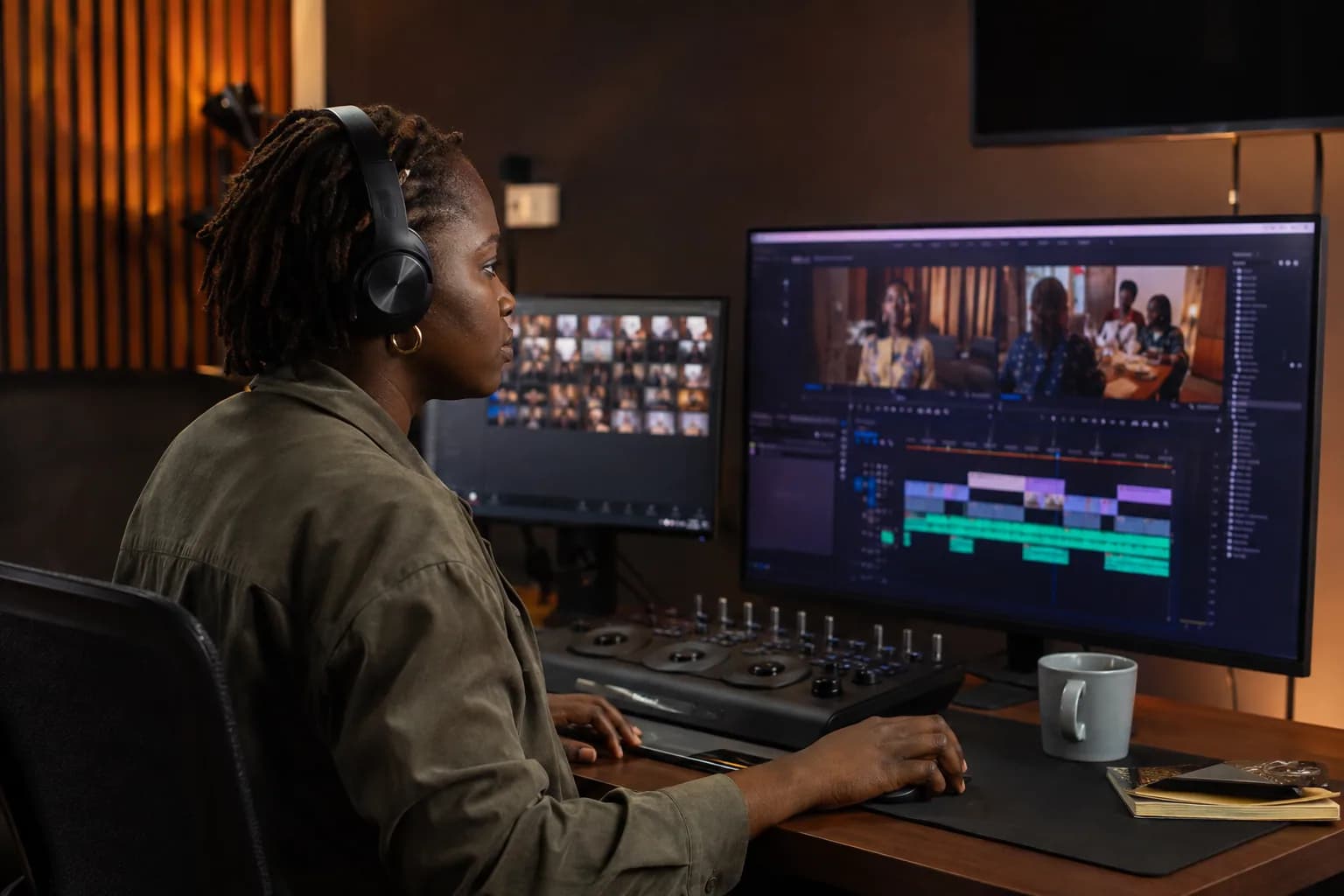 A video editor working on a production timeline