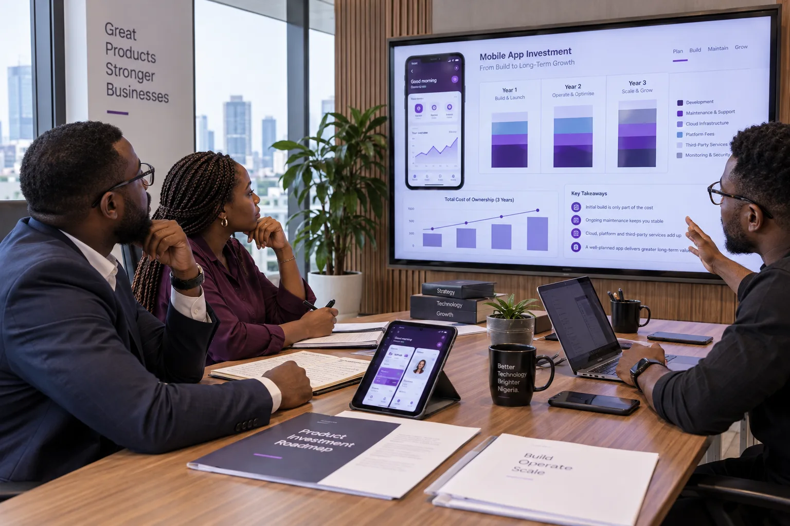 Nigerian executives reviewing mobile app development, maintenance and three-year ownership costs in a Lagos office