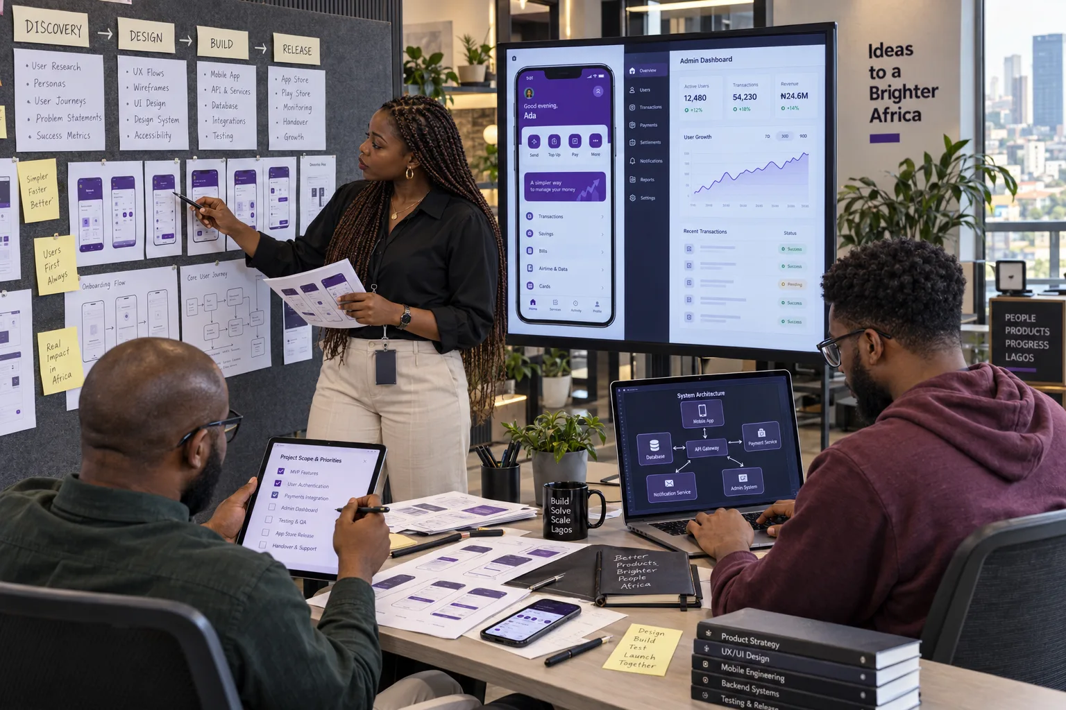 Nigerian product team reviewing UX wireframes, mobile app design, backend architecture and admin dashboard requirements