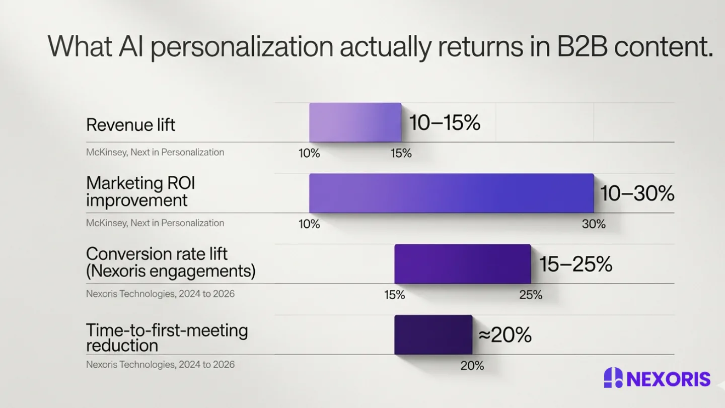 Bar chart showing B2B AI personalization returns, including Nexoris Technologies data on conversion and meeting times.