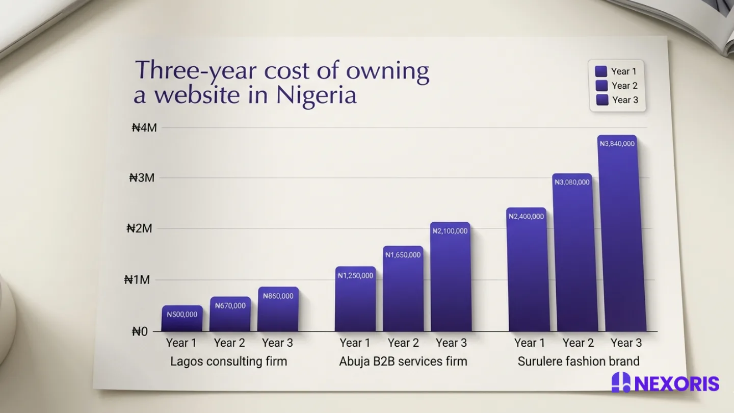 Bar chart by Nexoris Technologies showing the three-year cost of owning a website for three different Nigerian businesses.