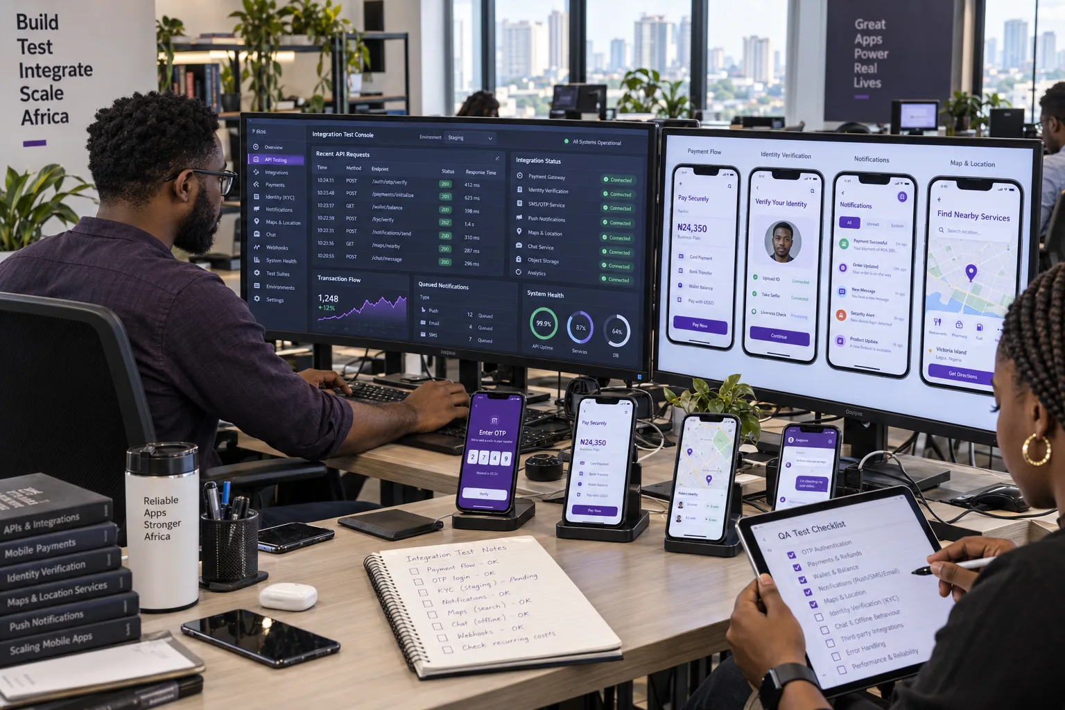 Nigerian developers testing mobile app payments, notifications and third-party integrations on phones and development screens