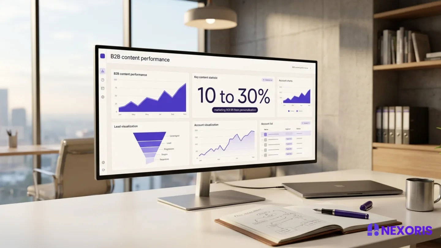 A computer monitor displays a Nexoris Technologies dashboard showing B2B content performance metrics and lead visualizations.