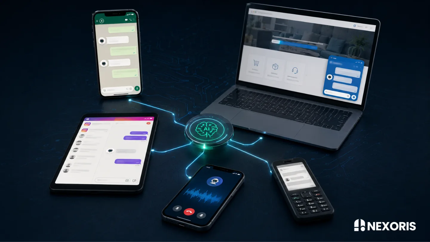 A central AI hub connects a laptop, tablet, and multiple phones, showcasing Nexoris Technologies software integration.