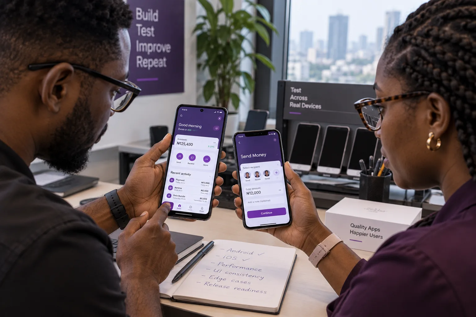 Nigerian QA engineers testing one mobile app across Android phones and an iPhone in a Lagos device testing lab