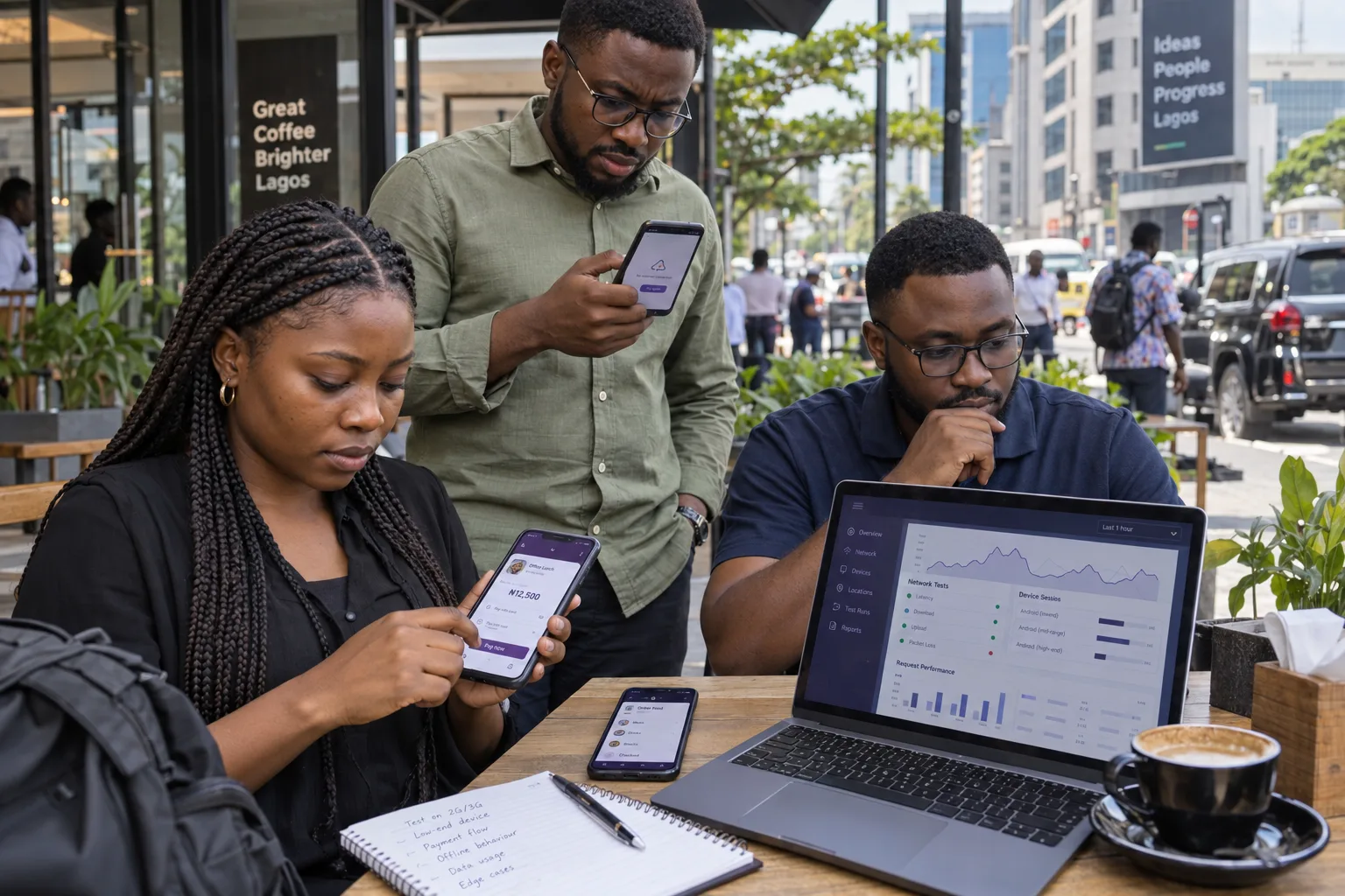 Nigerian product team testing a mobile app on Android phones over real mobile networks in Lagos