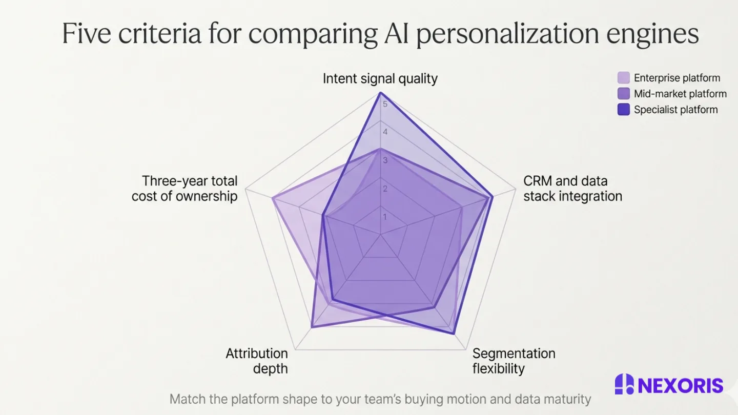Radar chart by Nexoris Technologies comparing five criteria for AI personalization engines across three platform types.