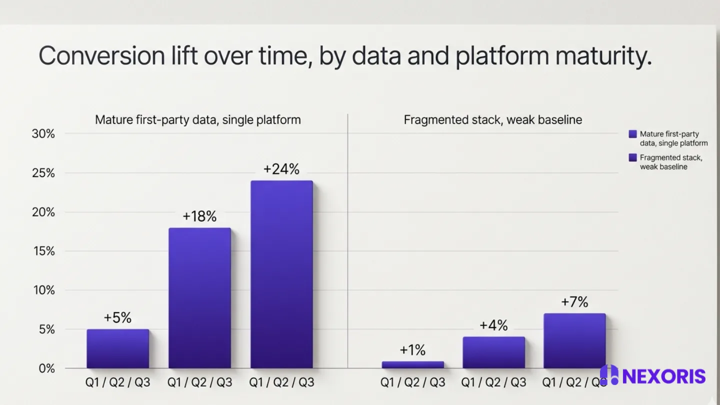 Nexoris Technologies chart showing conversion lift over time for mature data versus fragmented stacks.