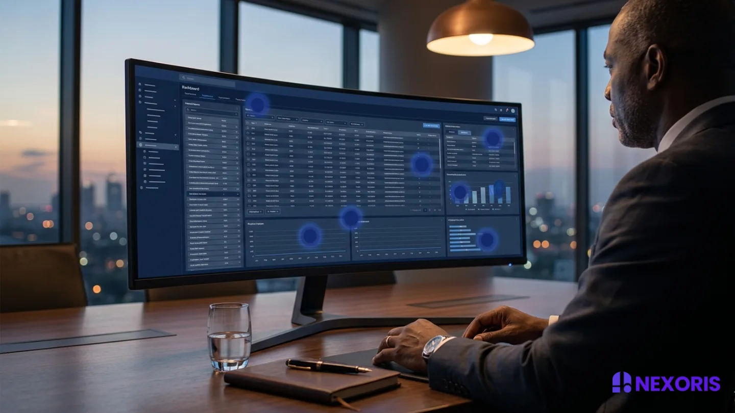 Professional working at a desk with a curved monitor displaying data analytics for Nexoris Technologies.
