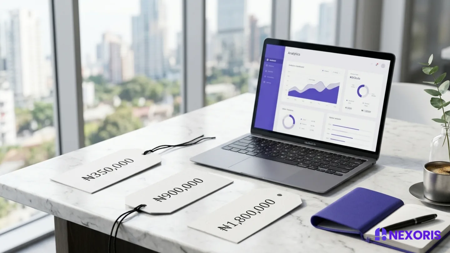 Laptop displaying analytics on a desk with price tags and a Nexoris Technologies logo.