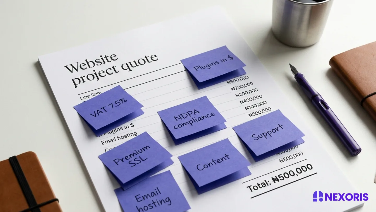 A Nexoris Technologies website project quote document with purple sticky notes covering various service line items.