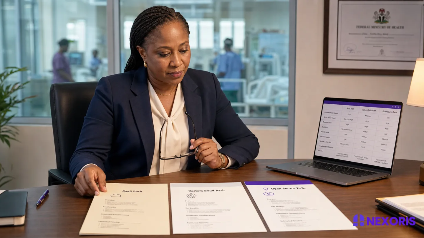 A professional at Nexoris Technologies reviews documents comparing SaaS, custom build, and open source software paths.