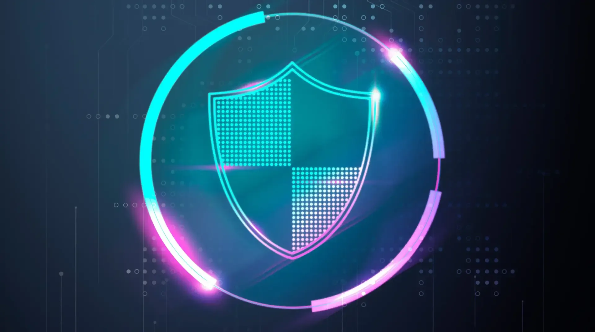 A glowing digital shield icon inside a circular frame, representing cybersecurity themes for Nexoris Technologies.